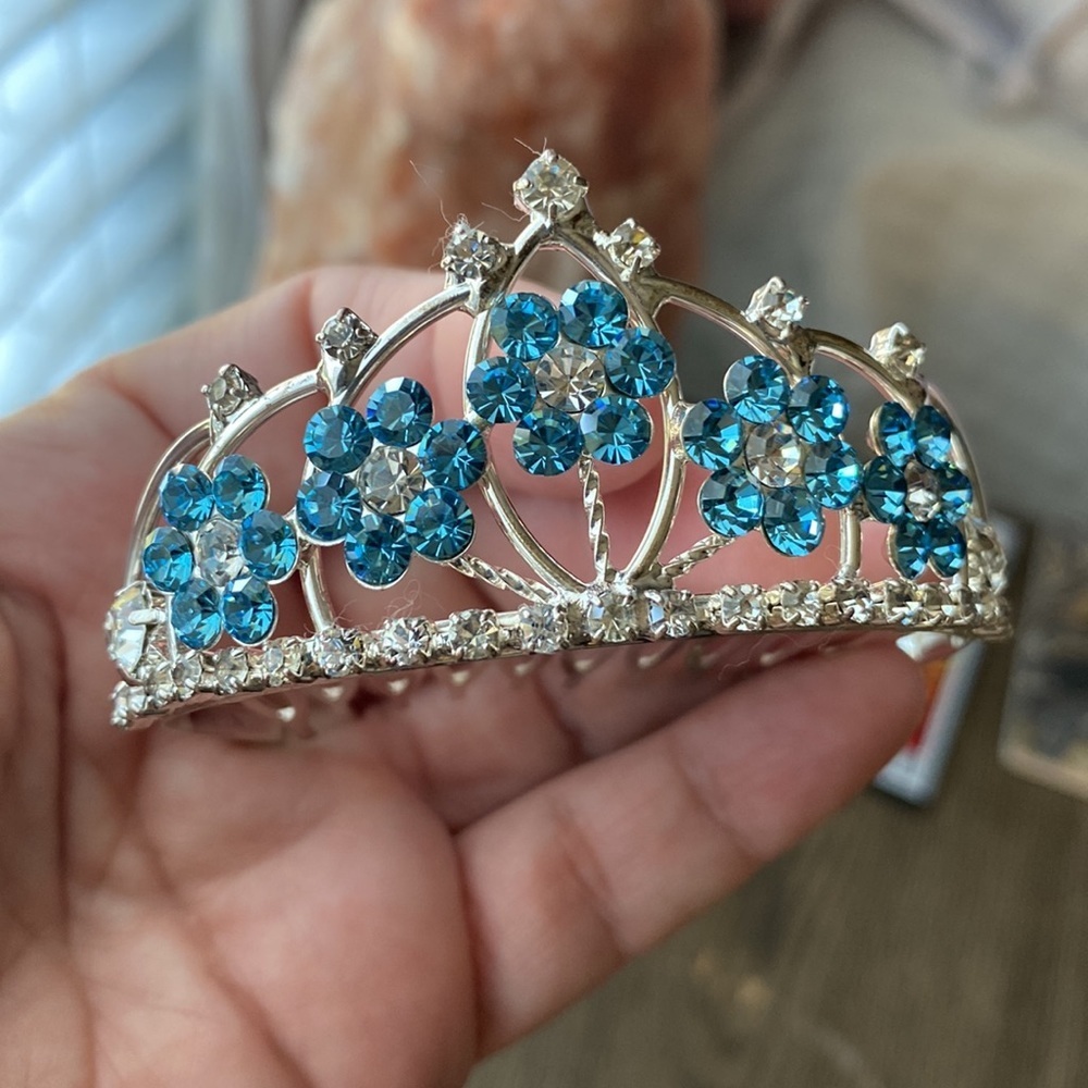 Kids Mini Crystal Tiara Comb Clear and Aqua Blue Rhinestones
